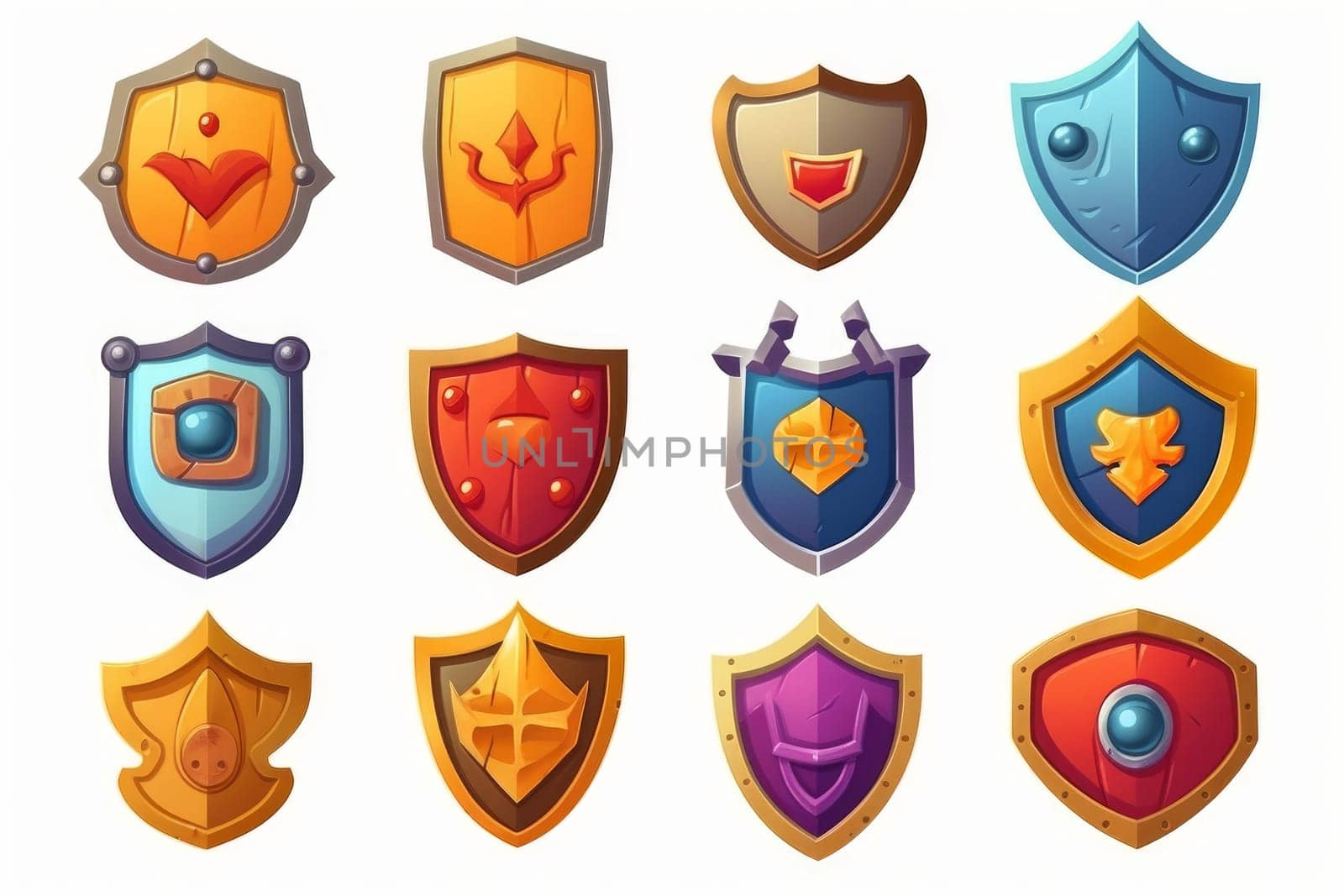 Game shield icon set in cartoon style isolated on white background. Generate Ai