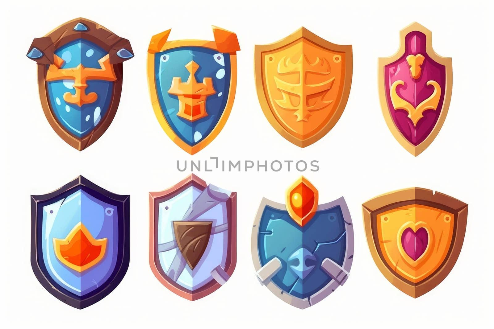 Game shield icon set isolated on white background. Cartoon style. Generate Ai