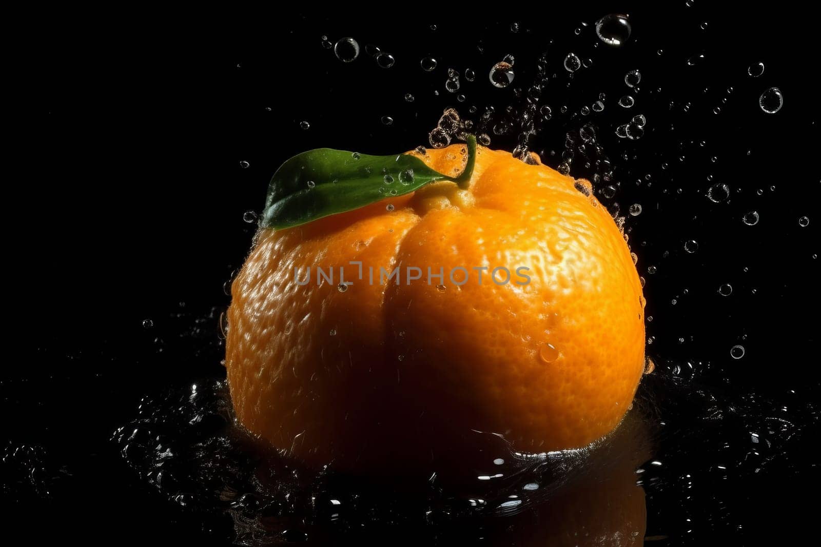 Tangerine on black background. Fruit with water drops. Generate Ai