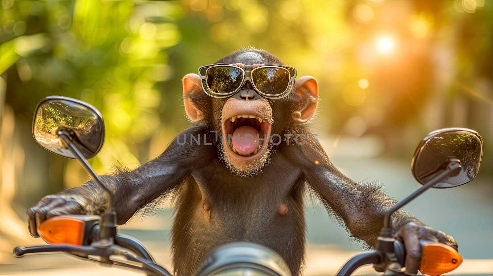In a cartoon movie, a happy chimpanzee wearing sunglasses is having fun as it rides a motorcycle, showcasing a supernatural gesture. It is a fictional character in this terrestrial animal art piece