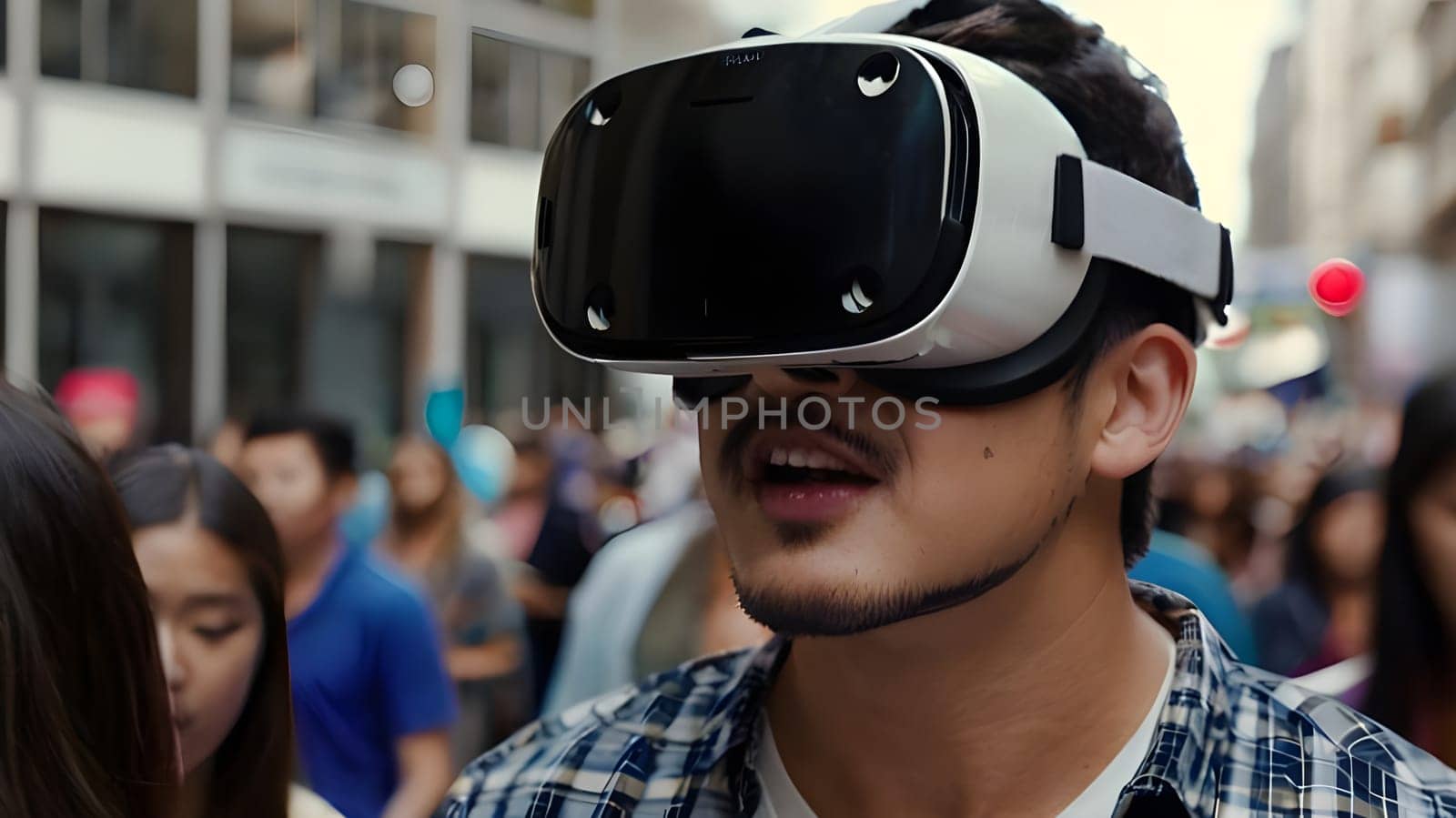 Close up, man wears virtual reality helmer in crowd of people on street.Dive into Metaverse