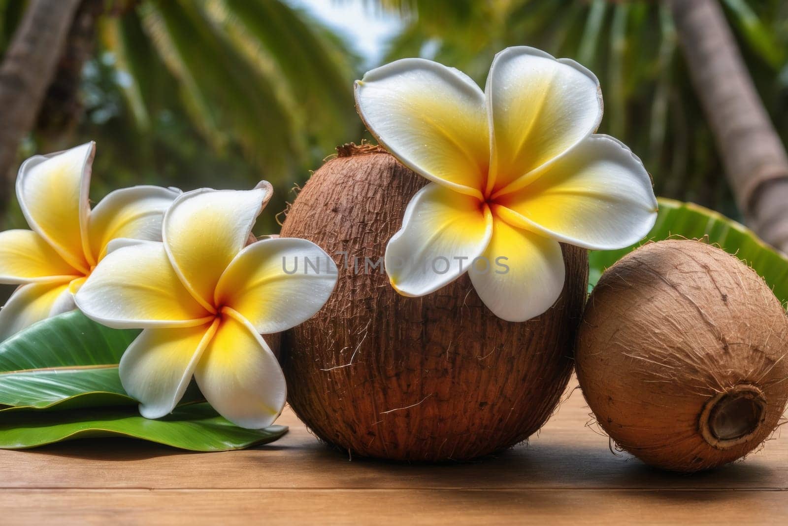 A serene arrangement of coconuts and delicate plumeria flowers on a wooden surface. The composition is enhanced by soft sunlight and lush palm trees in the background.