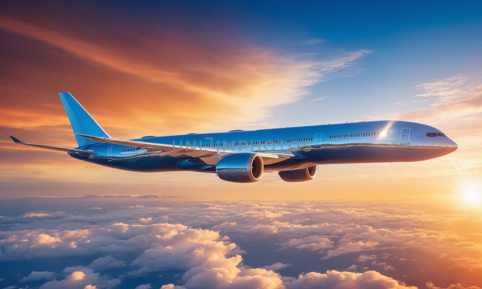 A stunning image capturing an airplane soaring above the clouds during a breathtaking sunset. The golden hues of the setting sun illuminate the aircraft and the sea of clouds below.