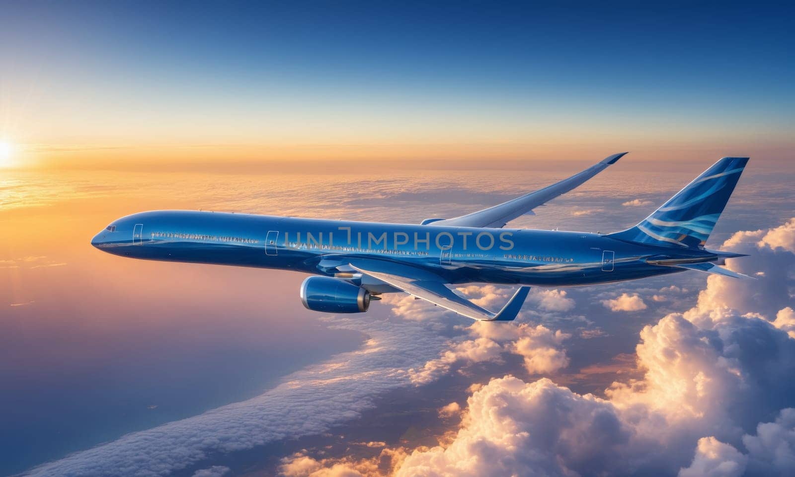 A stunning image capturing an airplane soaring above the clouds during a breathtaking sunset. The golden hues of the setting sun illuminate the aircraft and the sea of clouds below.