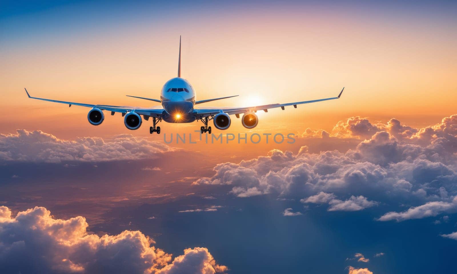 A stunning image capturing an airplane soaring above the clouds during a breathtaking sunset. The golden hues of the setting sun illuminate the aircraft and the sea of clouds below.