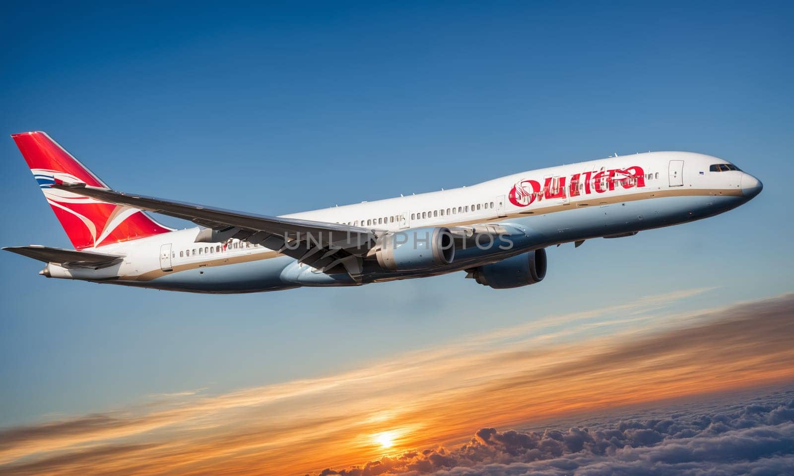 A stunning image capturing an airplane soaring above the clouds during a breathtaking sunset. The golden hues of the setting sun illuminate the aircraft and the sea of clouds below.