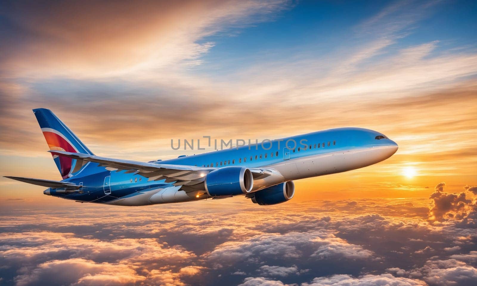 A stunning image capturing an airplane soaring above the clouds during a breathtaking sunset. The golden hues of the setting sun illuminate the aircraft and the sea of clouds below.