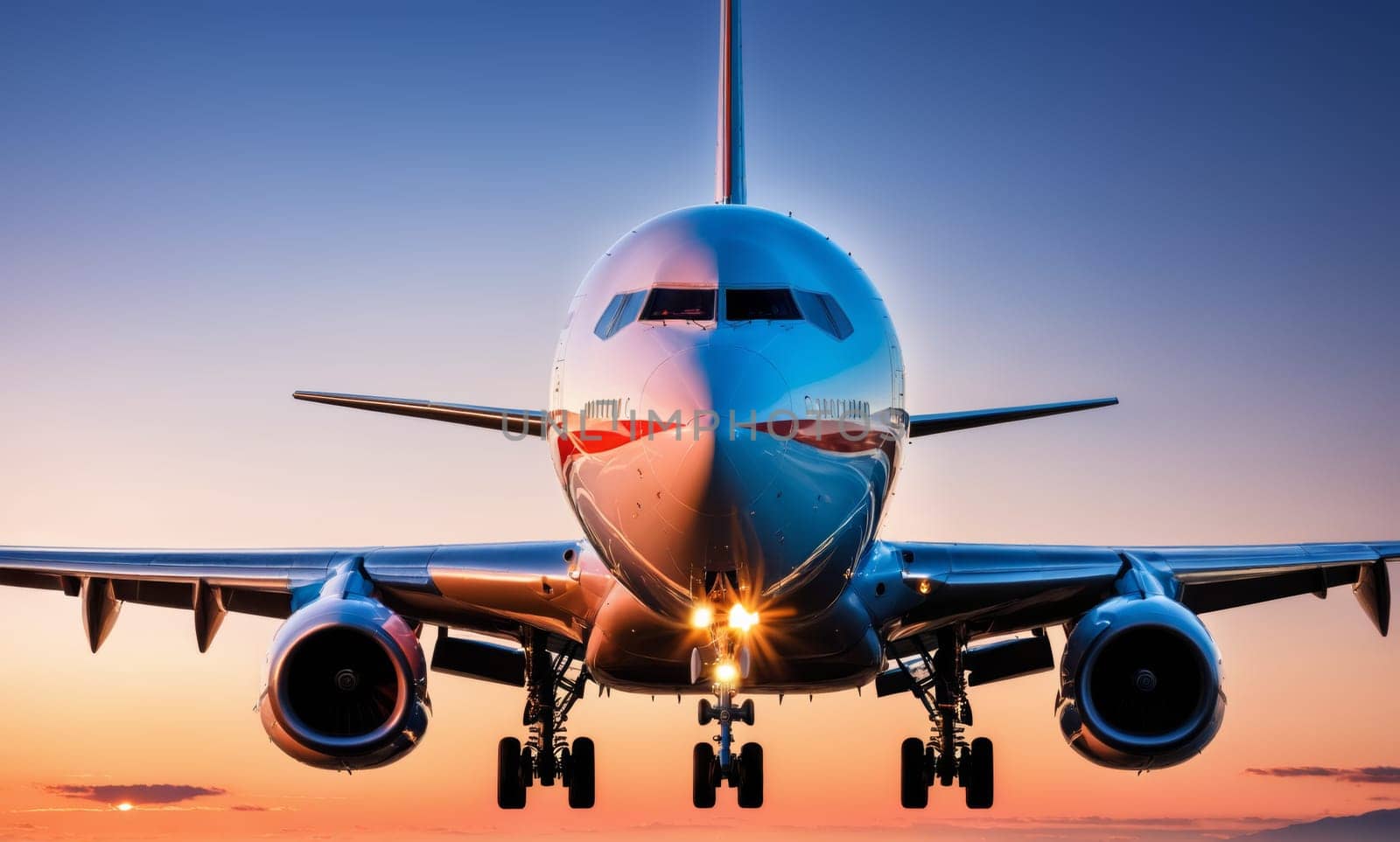 A stunning image capturing an airplane silhouetted against a majestic sunset. The vibrant hues of the evening sky create a dramatic backdrop for the aircraft.