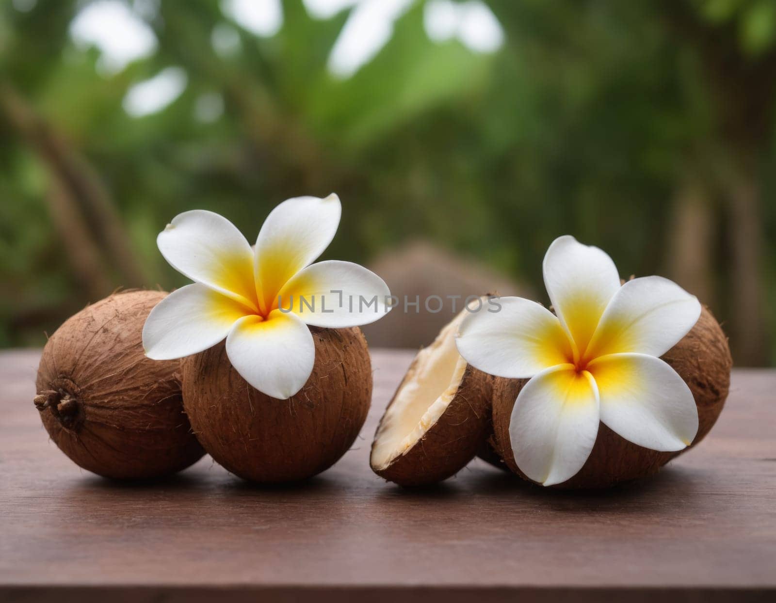 A serene arrangement of coconuts and delicate plumeria flowers on a wooden surface. The composition is enhanced by soft sunlight and lush palm trees in the background.