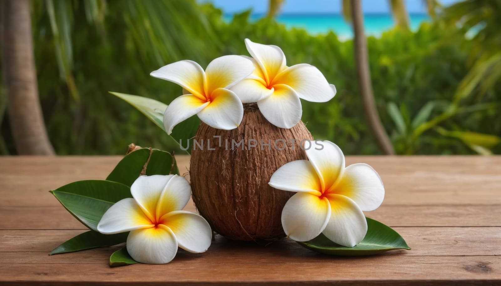 A picturesque scene featuring a coconut surrounded by vibrant plumeria flowers on a wooden surface. The backdrop reveals lush palm trees and a glimpse of the ocean.