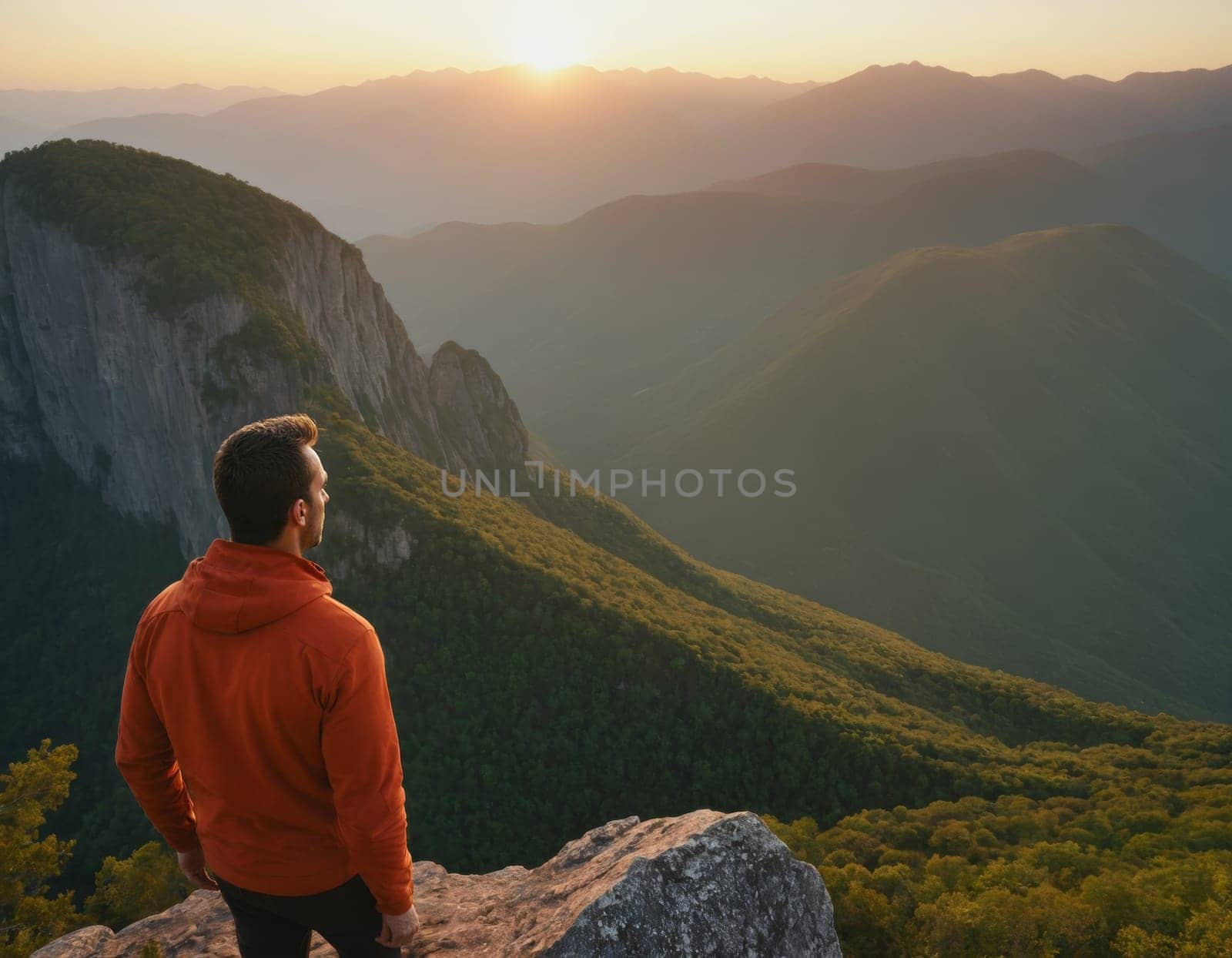 A person stands alone atop a rugged mountain peak. They are silhouetted against the soft glow of sunset illuminating the vast expanse of rolling hills and valleys below.