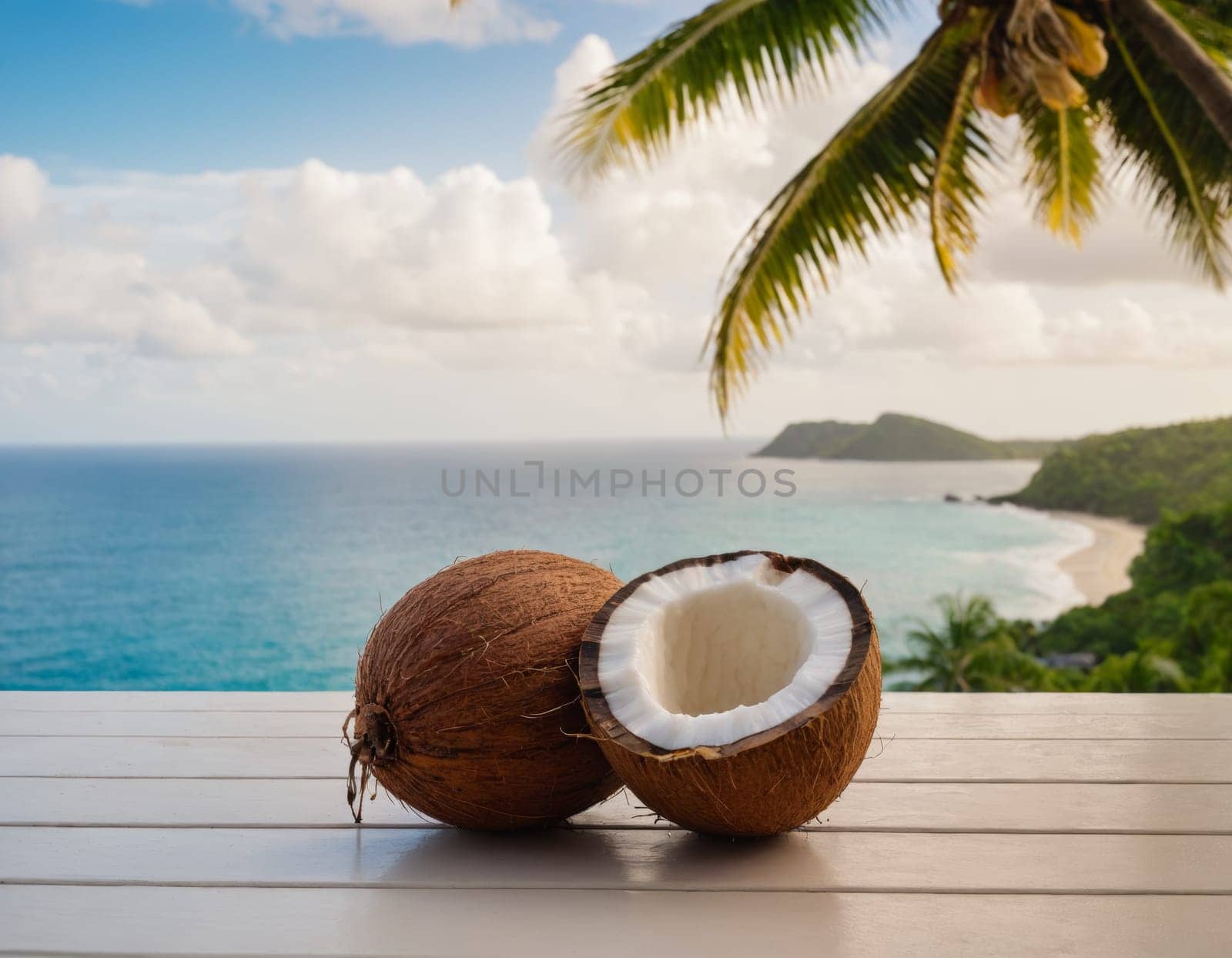 Halves of coconuts on a wooden surface against the backdrop of a crystal blue sea and lush palm leaves gently swaying in the wind....