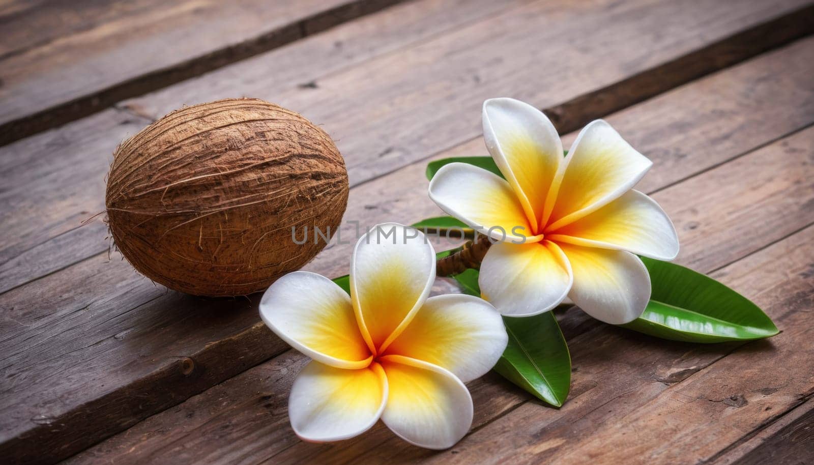 A serene arrangement of coconuts and delicate plumeria flowers on a wooden surface. The composition is enhanced by soft sunlight and lush palm trees in the background.