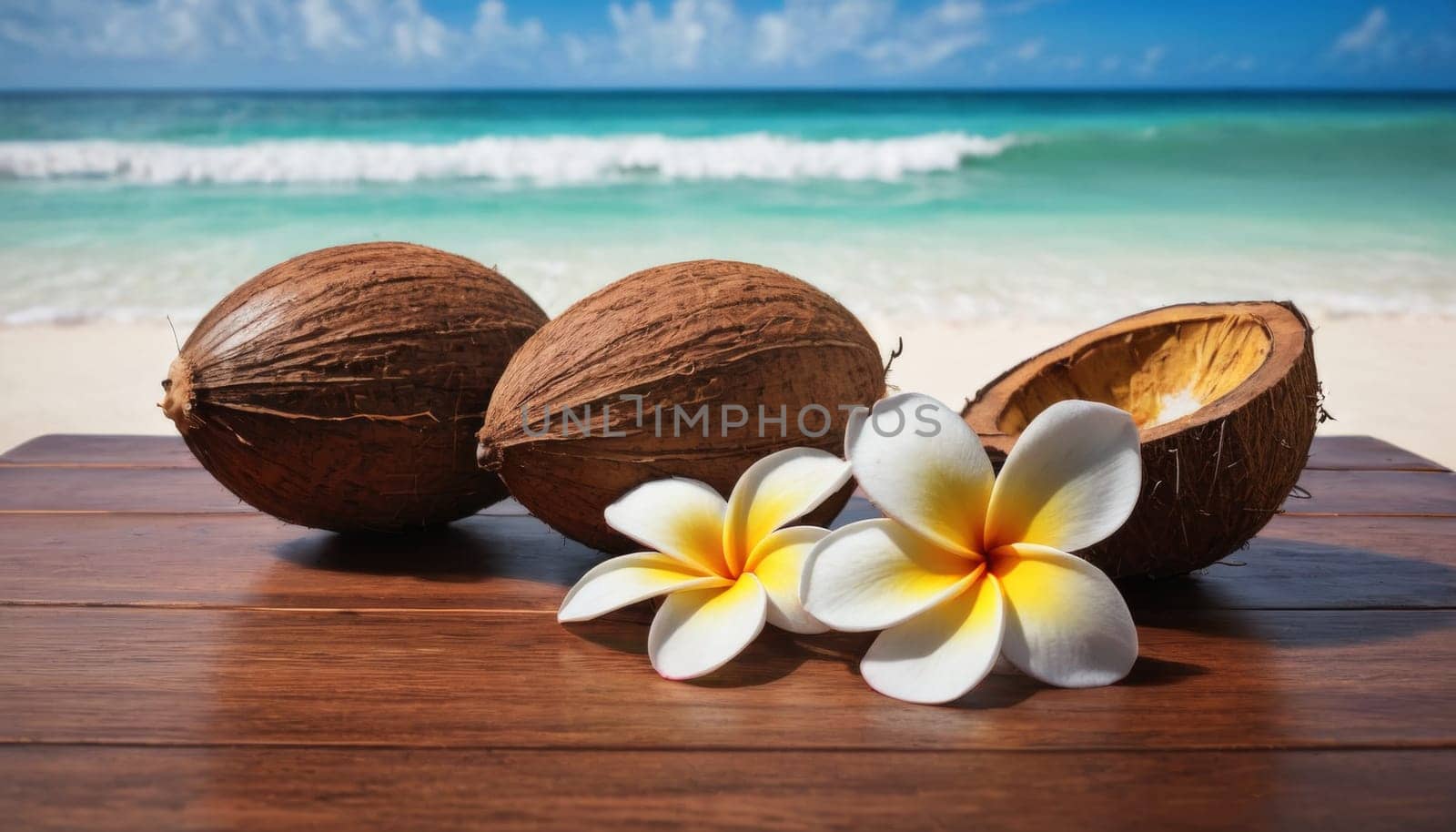 Coconuts and bright plumeria flowers on a wooden surface. In the background is a pristine beach with lush palm trees and clear blue skies.