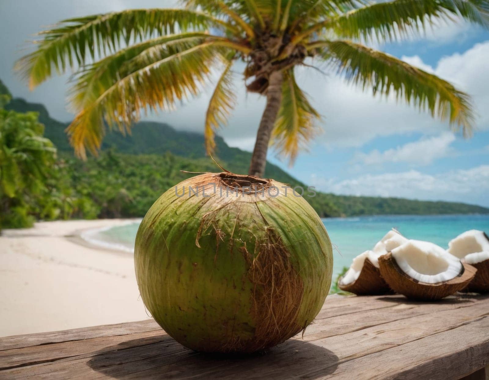 Fresh coconuts on a wooden surface against the backdrop of a beach surrounded by lush green palm trees.