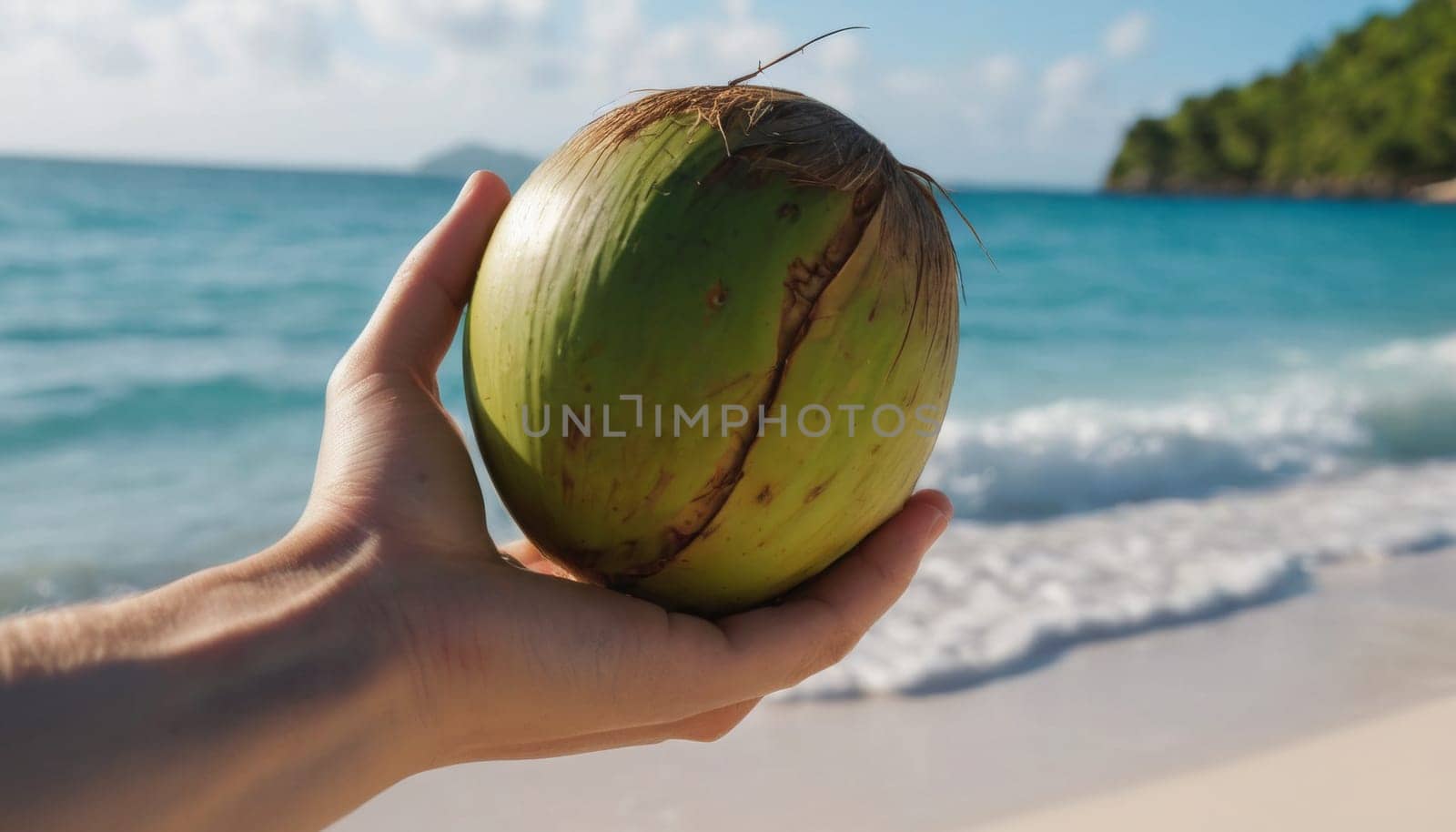 A hand holds a fresh green coconut with a straw against the backdrop of a serene beach with clear blue waters and sky.
