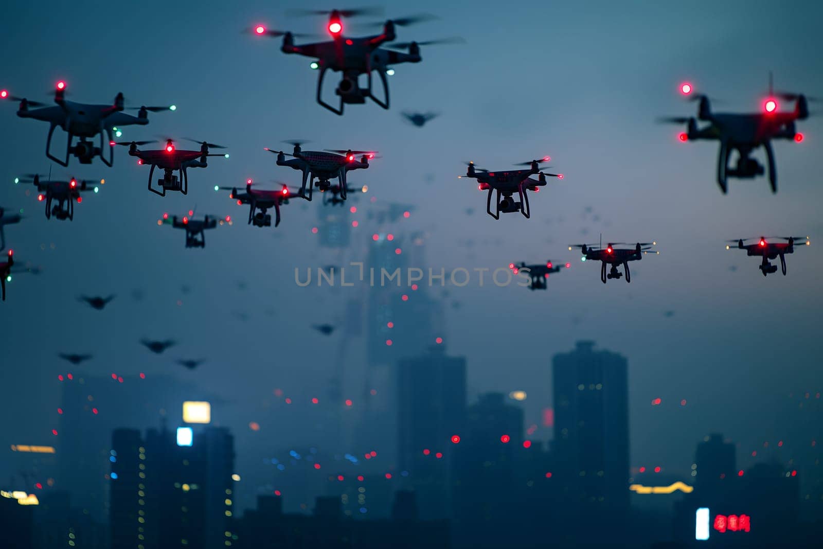 Group of drones over city at summer morning. Neural network generated image. Not based on any actual scene or pattern.