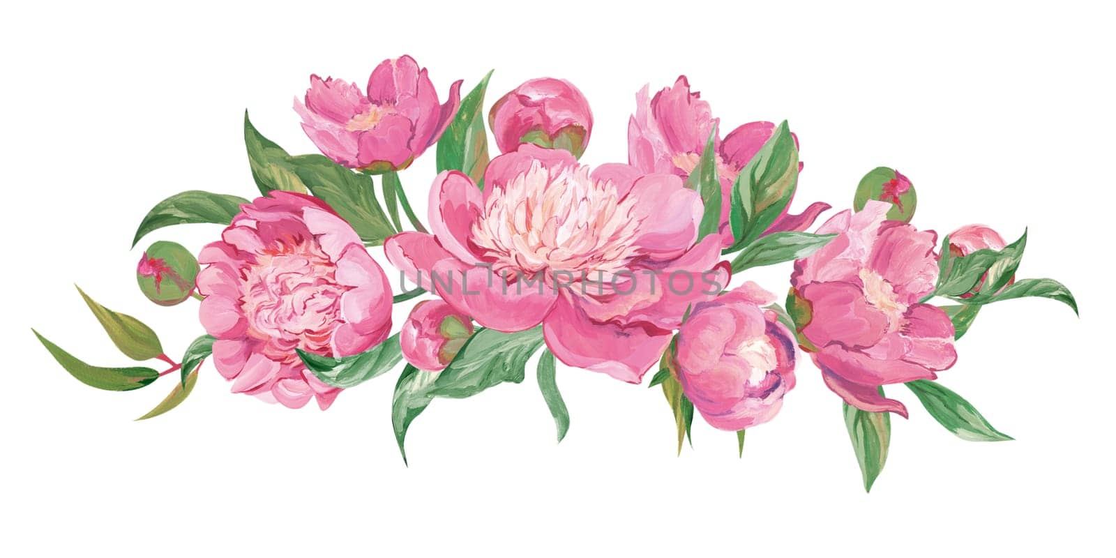 Bouquet of flowers pink peonies and botanical elements isolated by MarinaVoyush