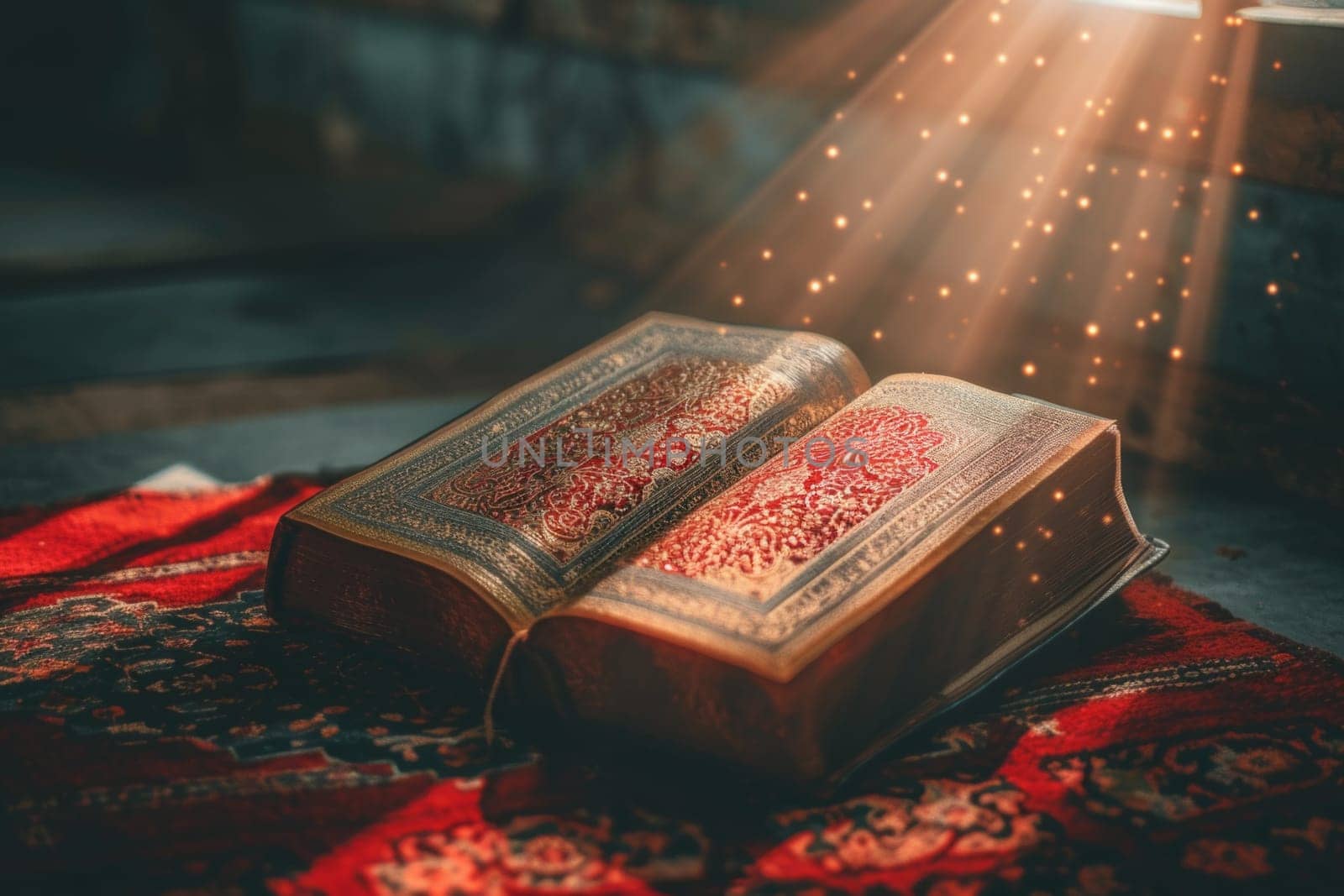 Open Holy Quran book on wooden table.