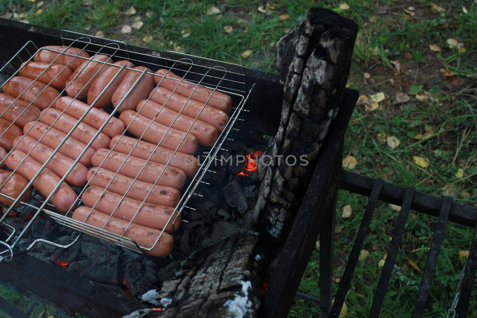 Photo of a sausage in a grill on the grill. Eating outdoors. Hike. Journeys. Rest.