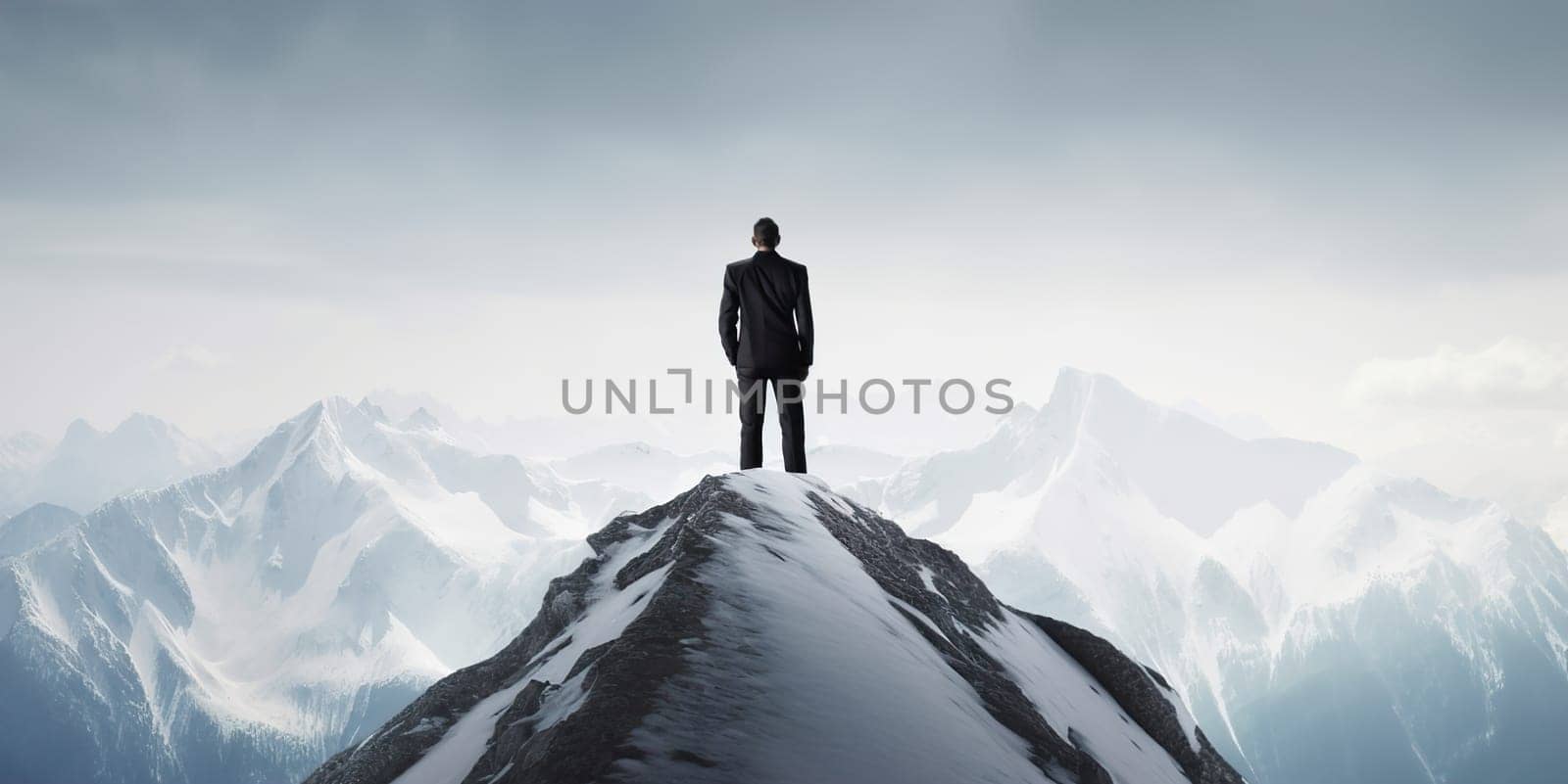 Businessman wearing formal suit and holding suitcase, standing on the mountain by Jyliana