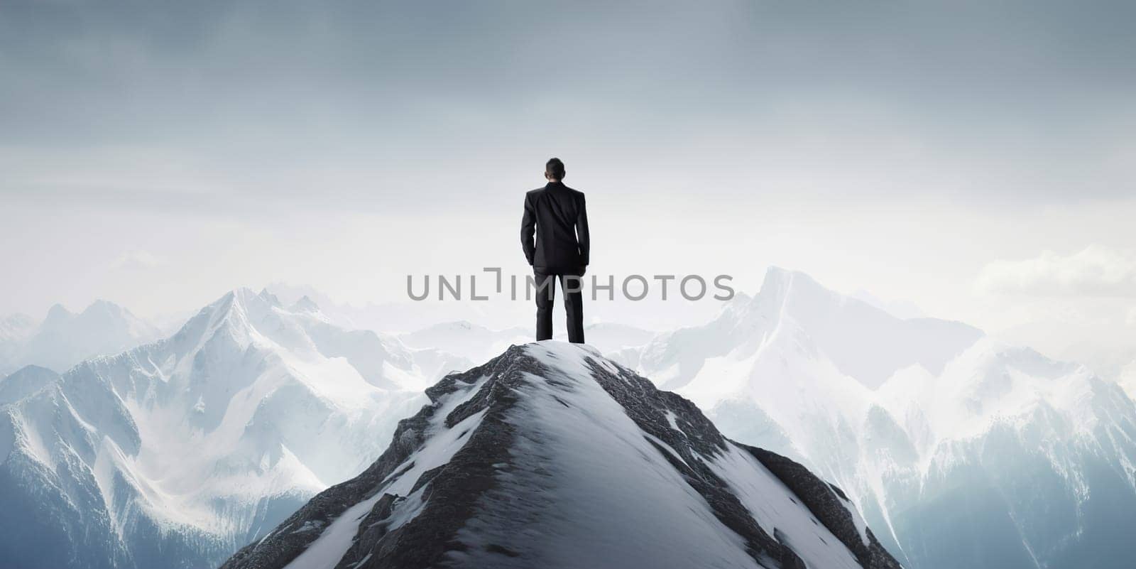 Rear view of businessman wearing formal suit and holding suitcase, standing on mountain peak while looking at sky