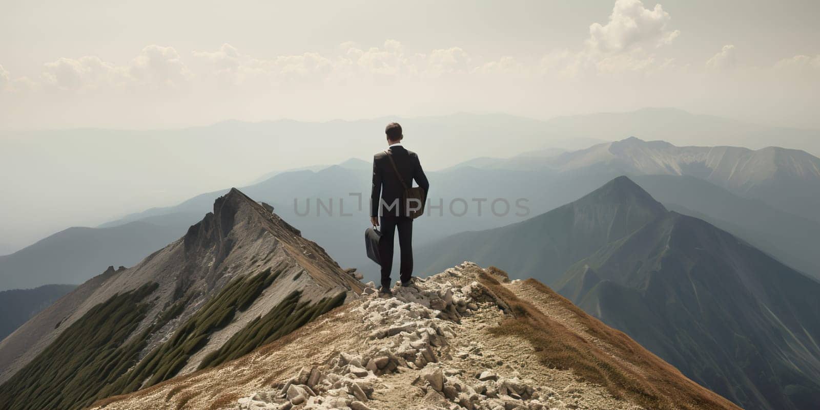 Rear view of businessman wearing formal suit and holding suitcase, standing on mountain peak while looking at sky
