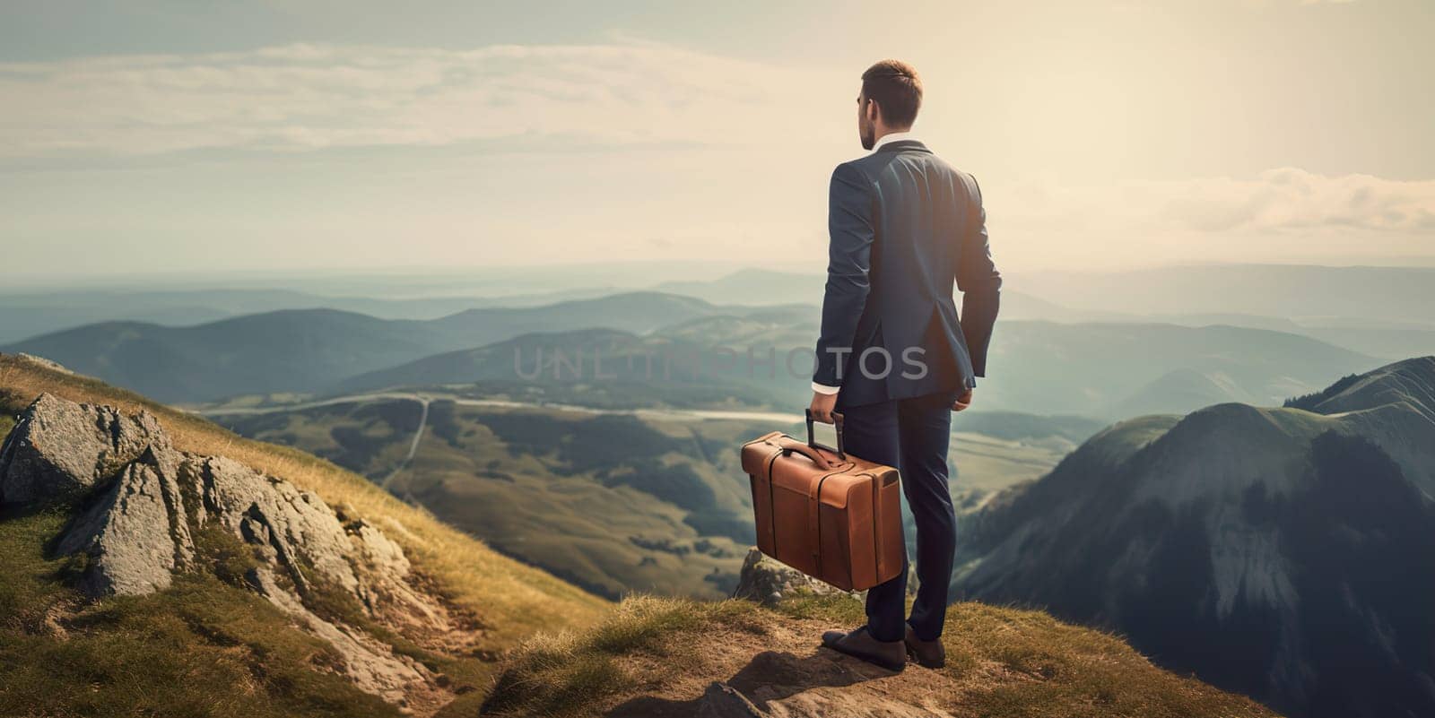 Rear view of businessman wearing formal suit and holding suitcase, standing on mountain peak while looking at sky