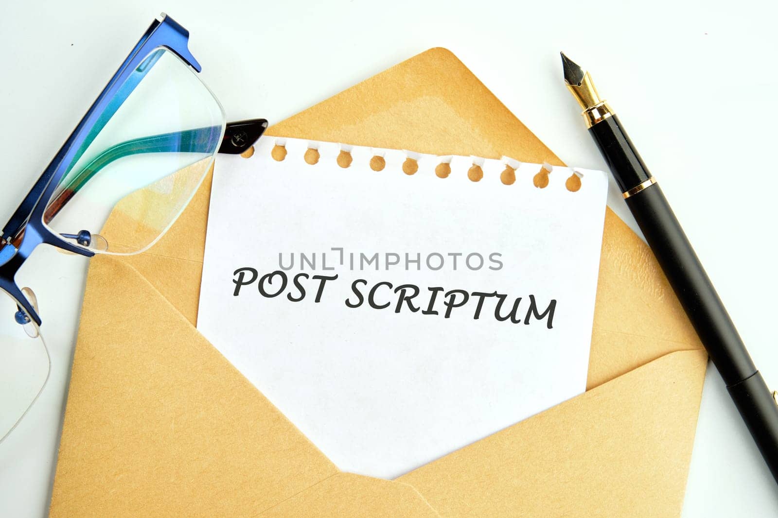 POST SCRIPTUM ancient Latin saying meaning - afterthought, afterwards text on a sheet in an envelope
