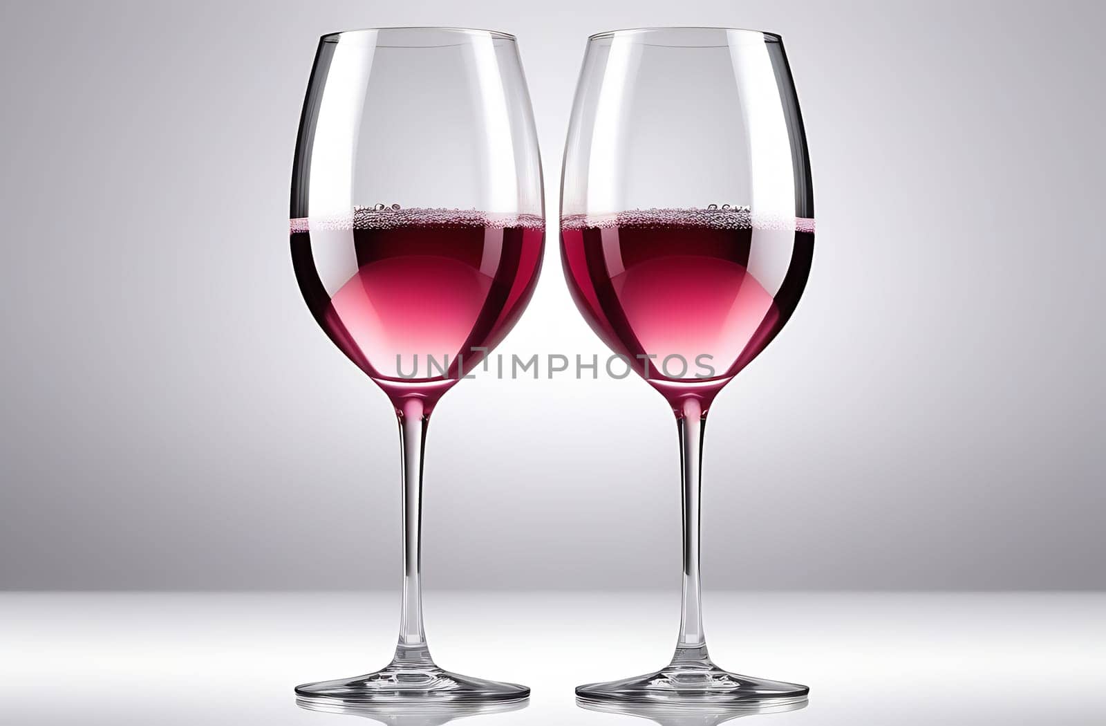 Two thin wine glasses half filled with pink sparkling wine with bubbles, close-up shots by claire_lucia