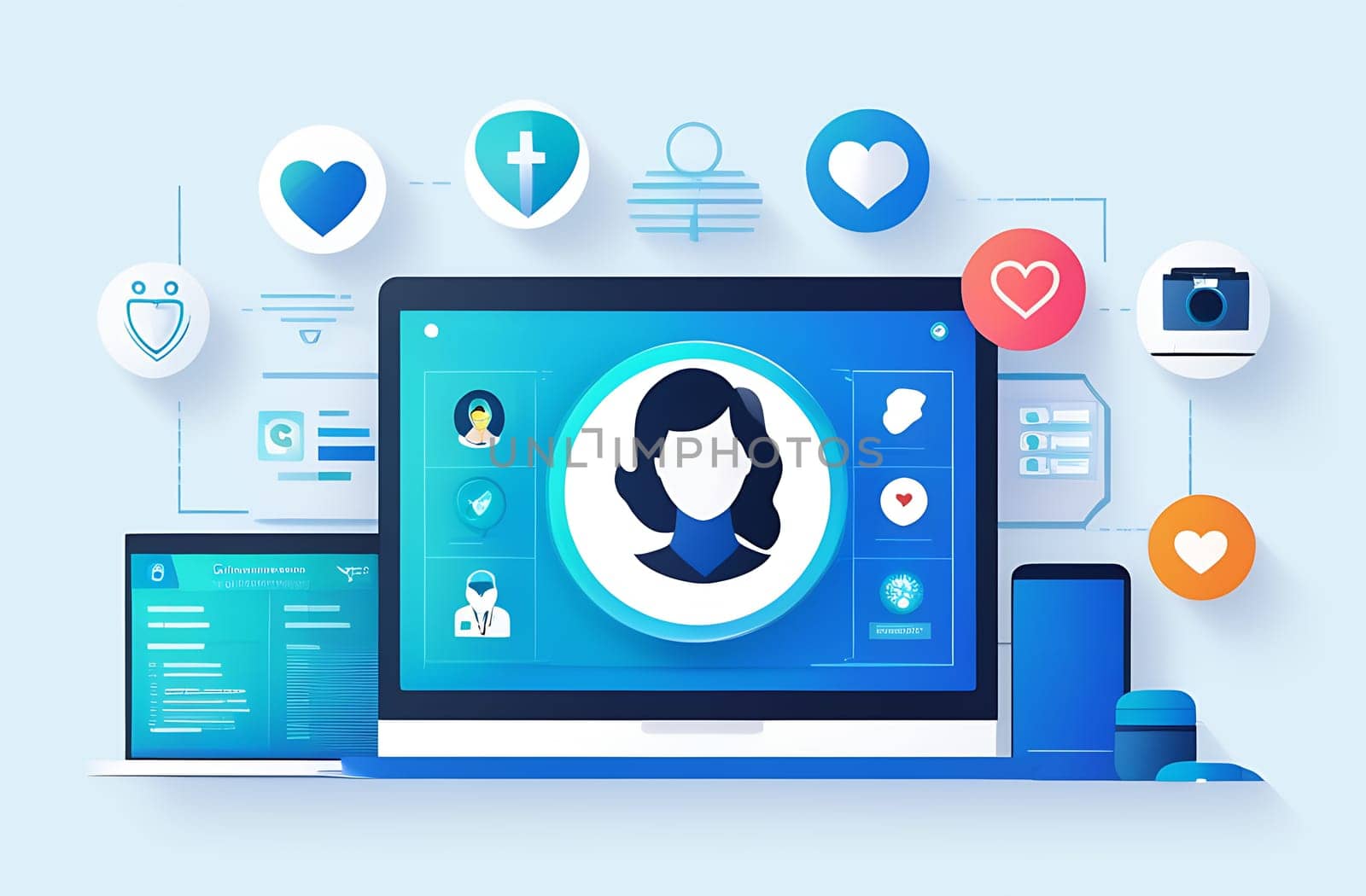 illustration of the concept of Internet telemedicine. The doctor consults the patient using online technology through a video calling app by claire_lucia