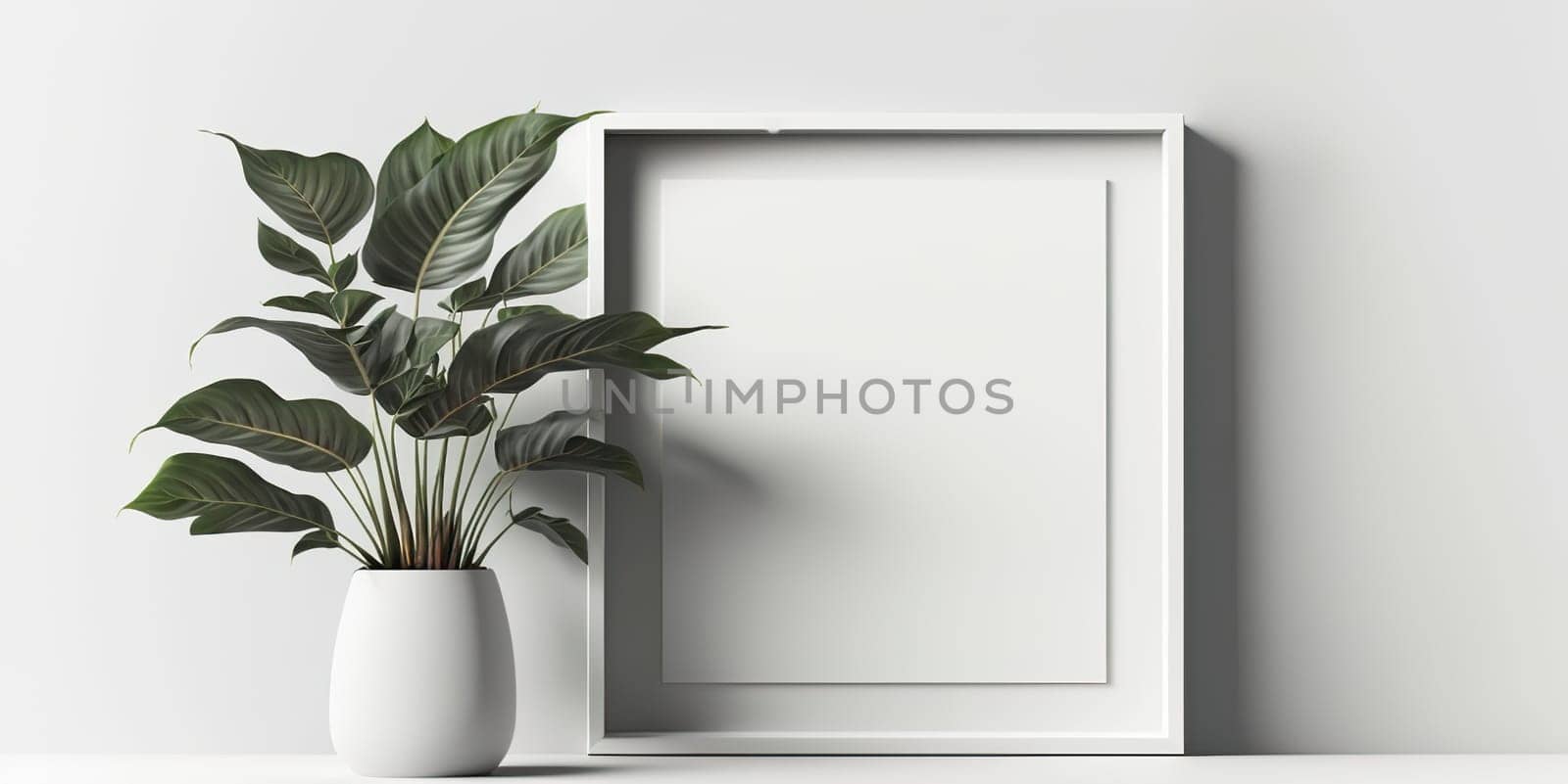 Mock up white frame and green plant on desk, White colors. by Jyliana