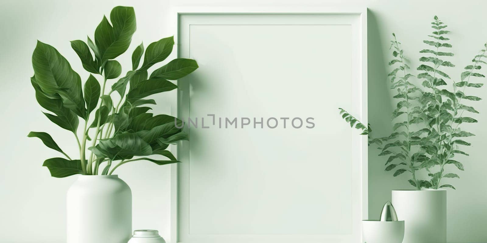 Mock up white frame and green plant on book shelf or desk, White colors.