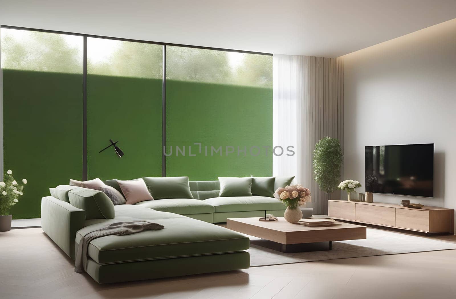 the modern minimalistic interior of the room with a soft Japanese-style design in beige and green tones, a huge panoramic window by claire_lucia