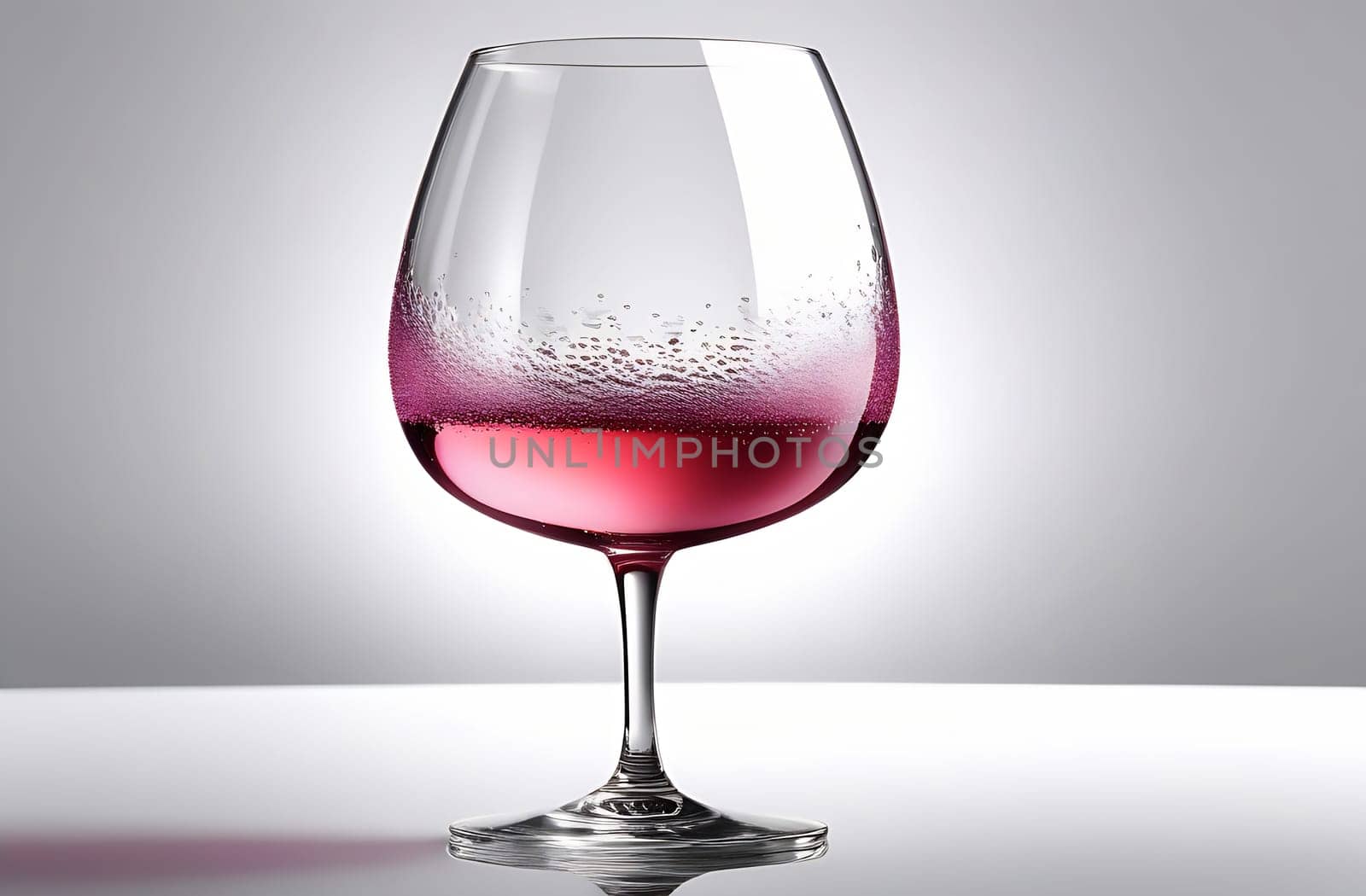 One wine glass half filled with pink sparkling wine with bubbles, close-up shots.