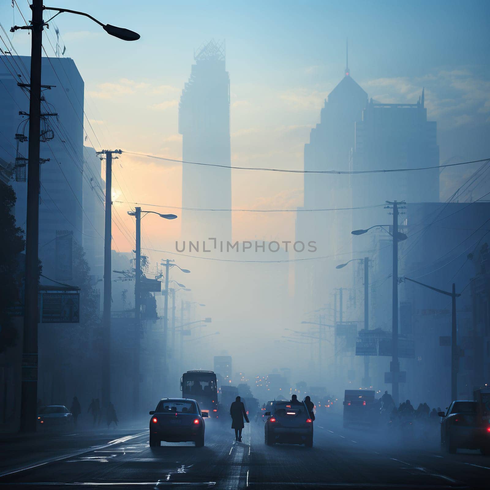 The city is immersed in smog and fog. Air pollution from heating.