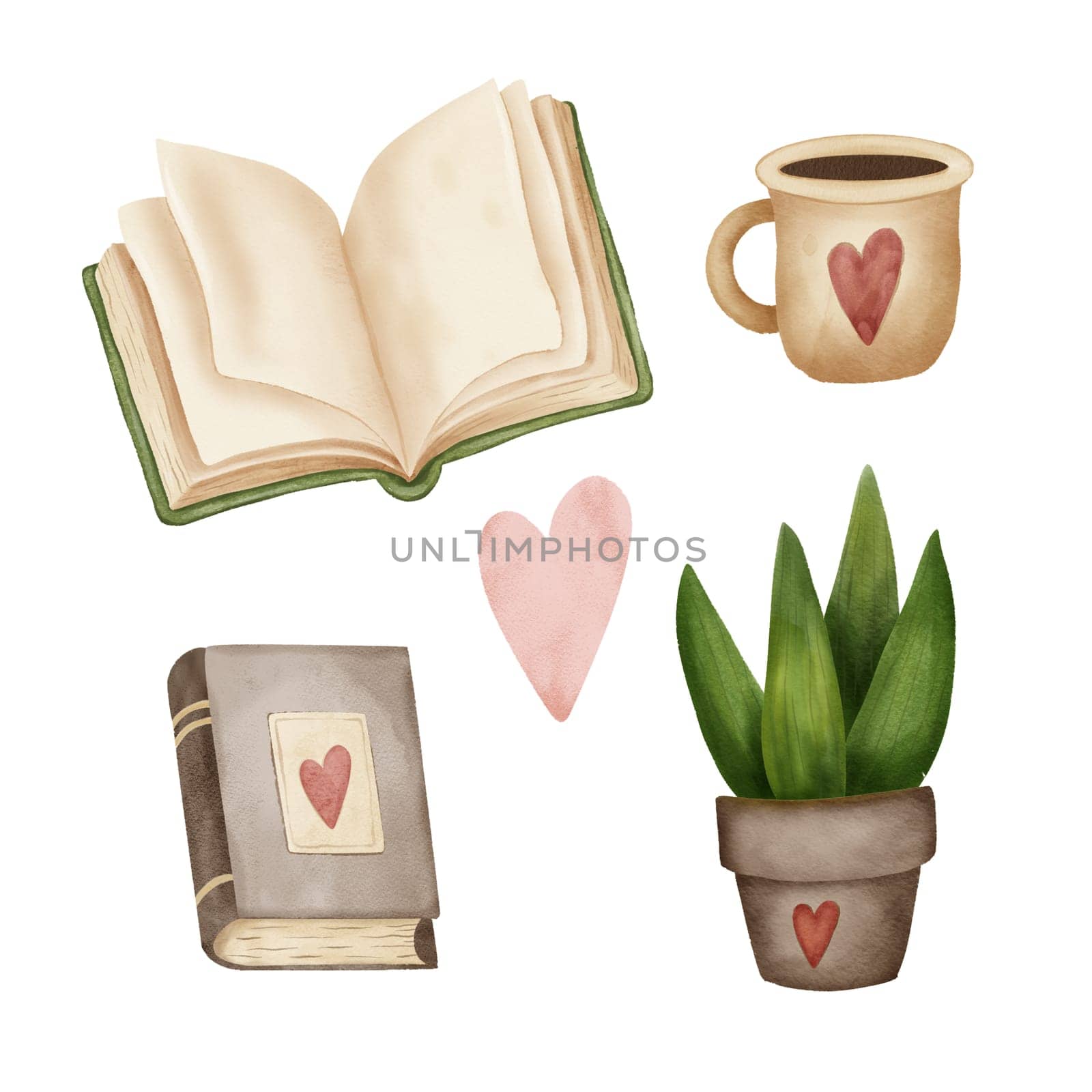 Reading lovers cute hand drawn set. Books and cozy things. Colorful open and closed books, hobby, cups with coffee or tea, home plant. Watercolor. For postcards, stickers, pattern
