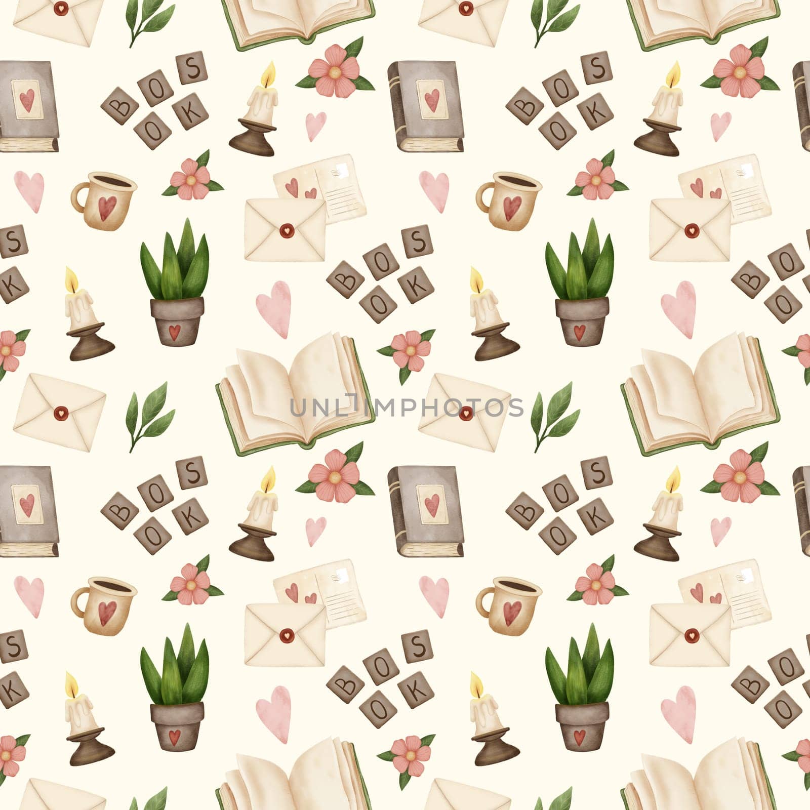 Reading lovers cute hand drawn seamless pattern. Books and cozy things for printing on fabric, packaging paper.