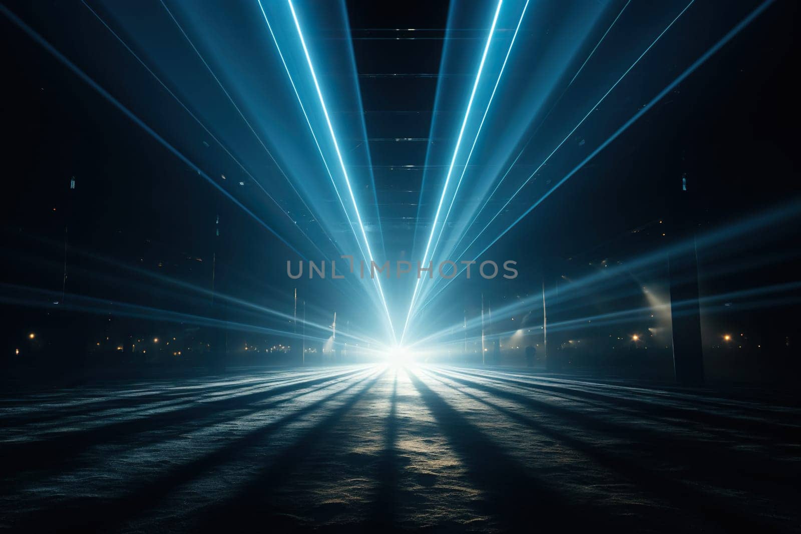 A dark tunnel with columns, illuminated by white neon rays. Abstract background.