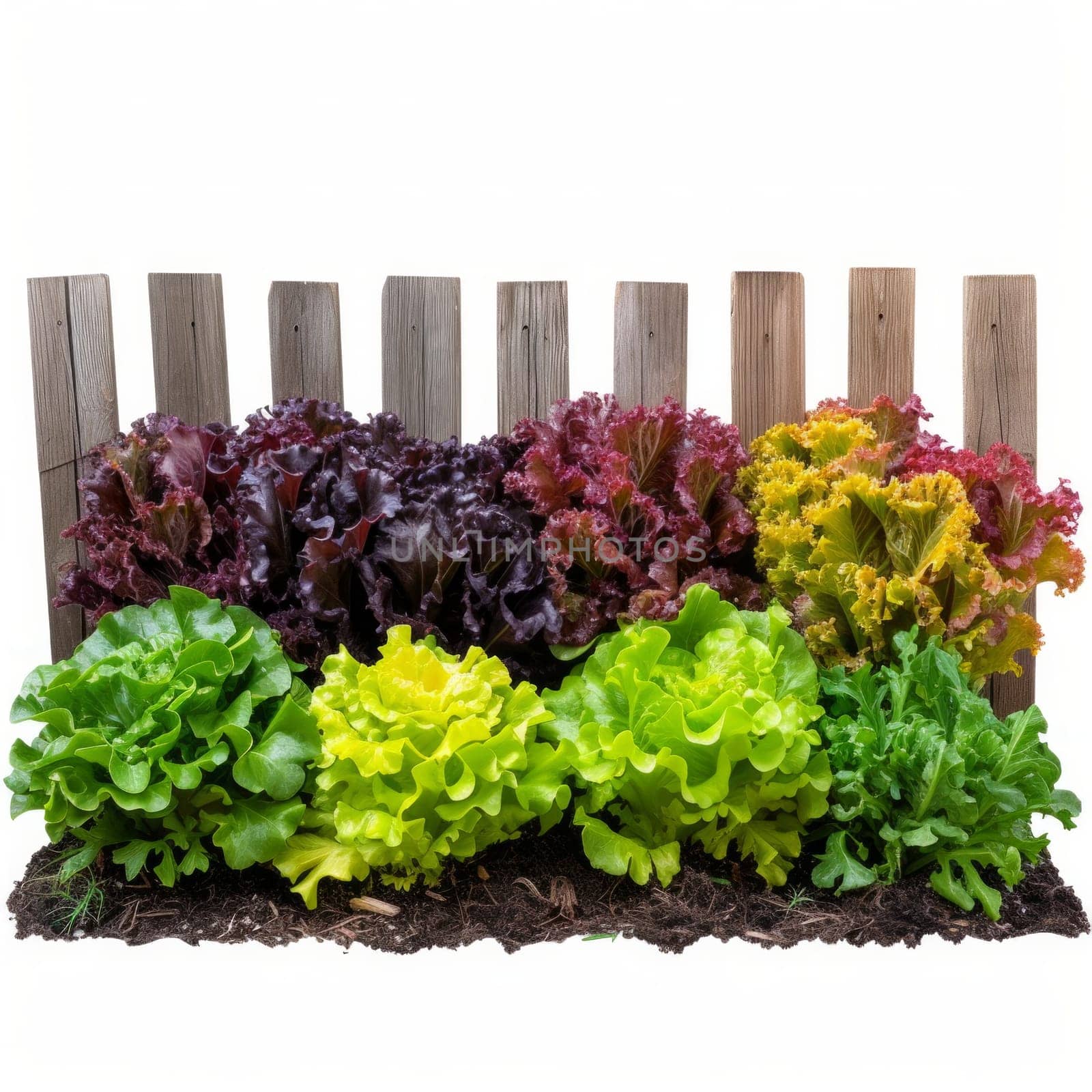 Small garden of colorful lettuce surrounded by a wooden fence, isolated, white background.