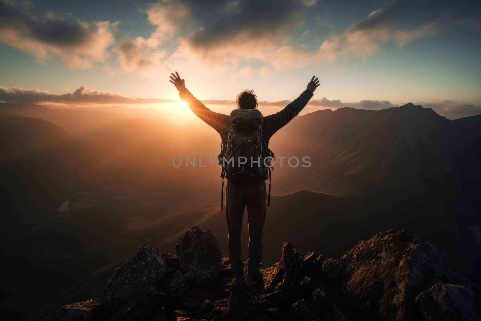 Man with backpack standing with arms raised on mountain peak at sunset. Adventure and exploration concept. Outdoor portrait with aerial view, place for text. Design for poster, banner