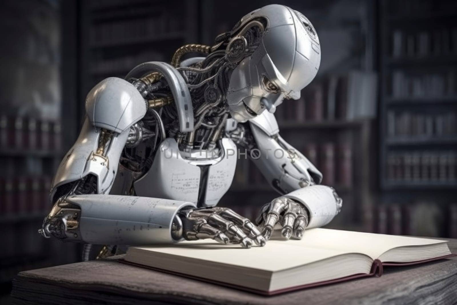 A futuristic robot engrossed in reading a book, surrounded by shelves filled with books, depicting advanced learning or artificial intelligence gaining knowledge.