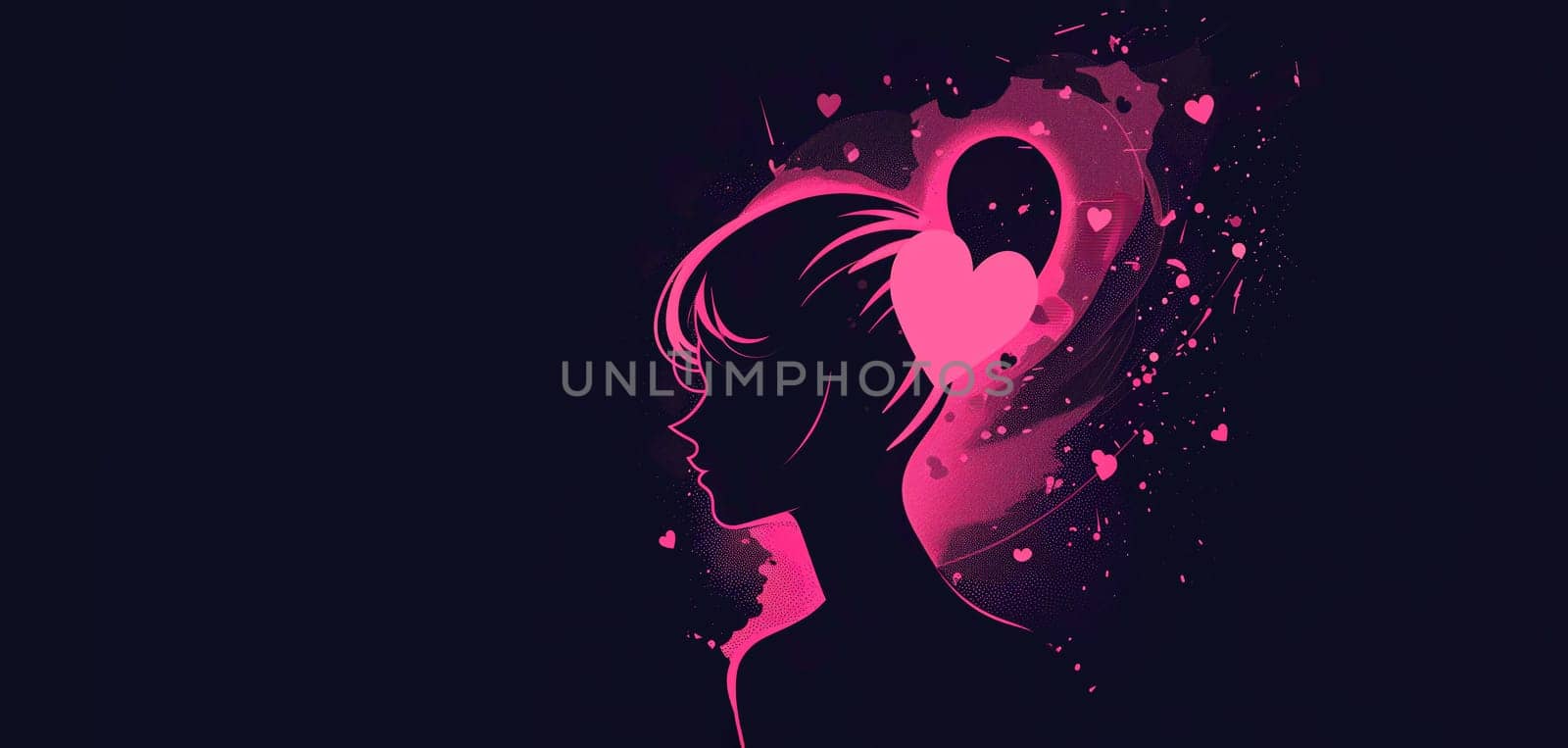 Banner Purple Pink silhouette of Young Female Face, Heart Shaped Hairstyle, Neon Light. Space For Text. Women Day, March 8. Women Equality Day. AI Generated Space For Text. Horizontal Plane.