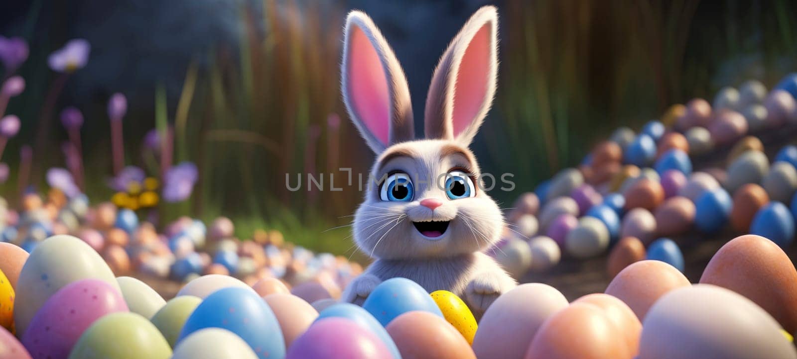 Joyful Cartoon Rabbit with Colorful Easter Eggs in a Spring Meadow.