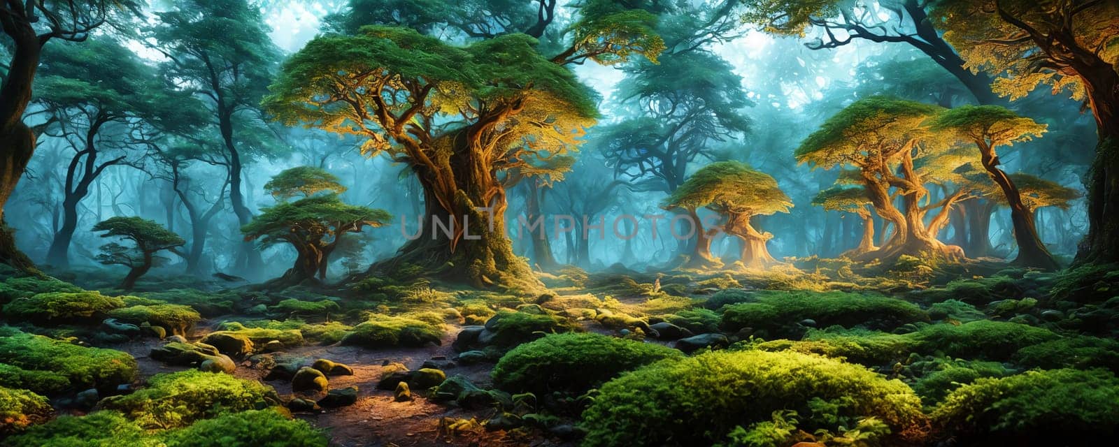 Enchanted forest. An otherworldly forest landscape with vibrant, glowing flora and fauna, majestic ancient trees. Generative AI