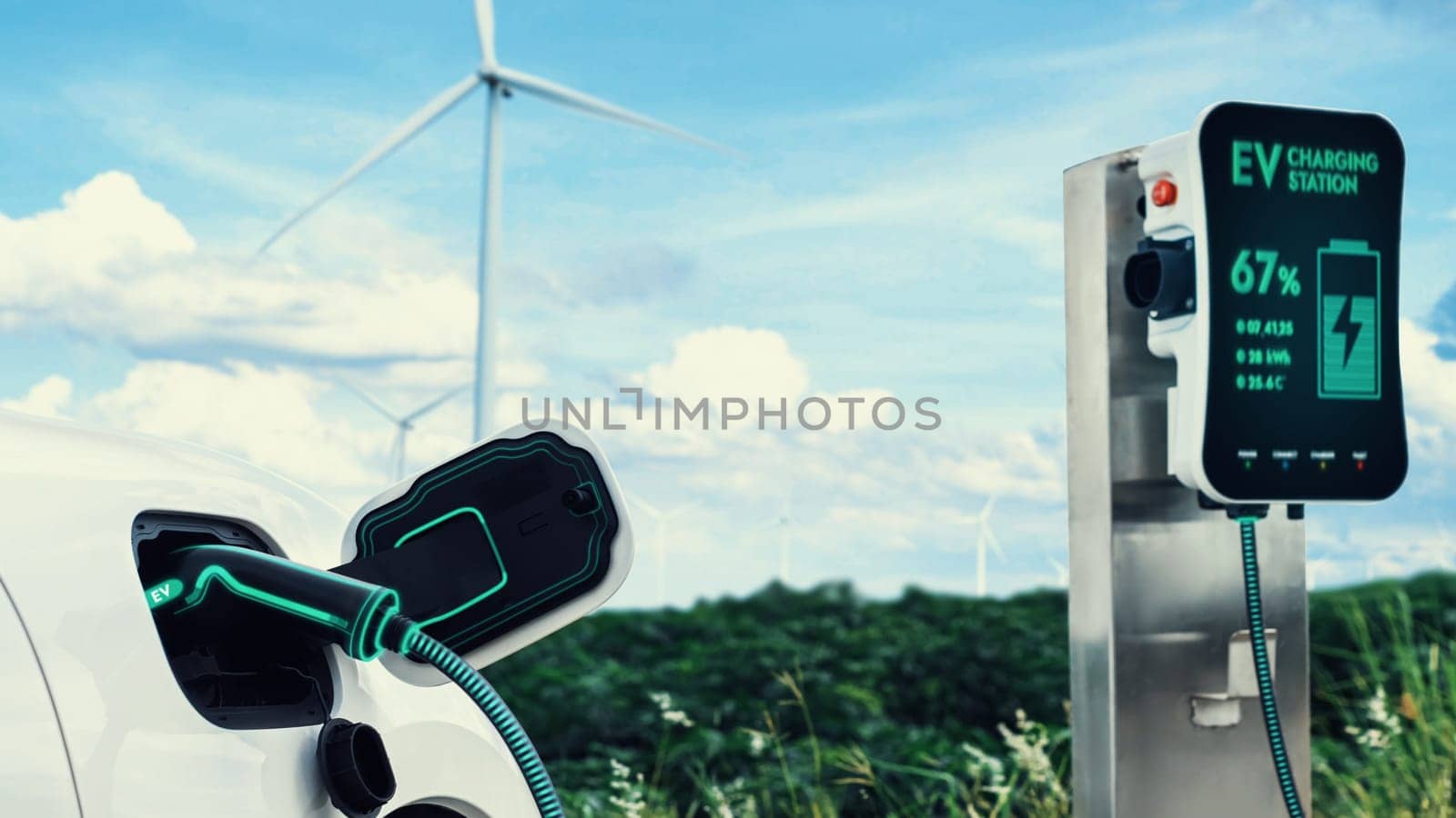 Electric car recharging energy from charging station by smart EV charger in wind turbine farm with nature outdoor background. Technological advance of alternative clean sustainable energy. Peruse