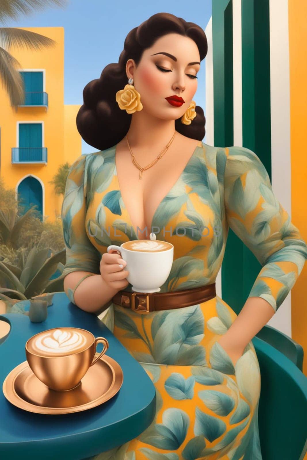 iilustration of voluptous female model having latte macchiato relax outdoors poolside in villa by verbano