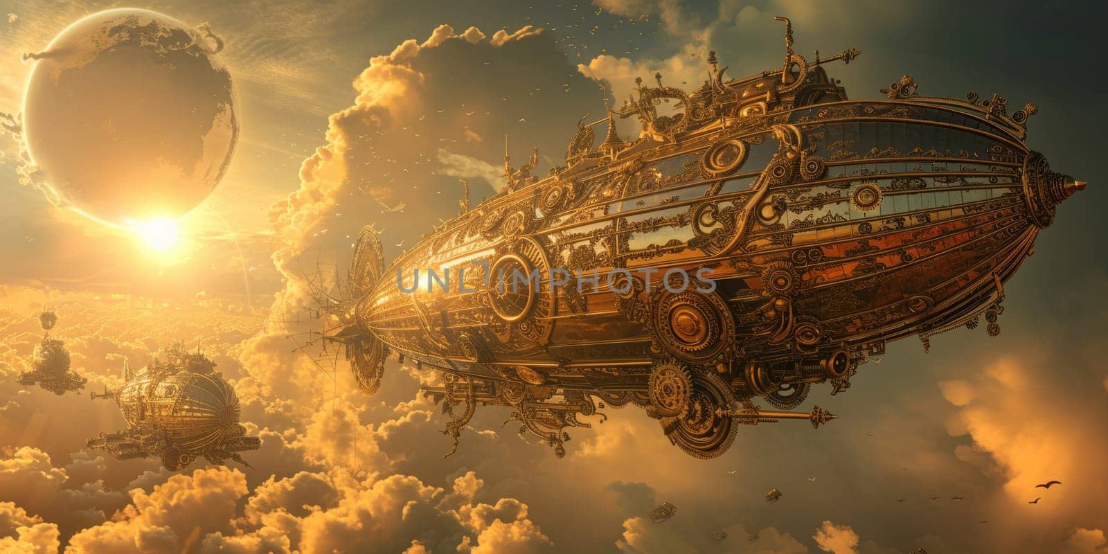 Steampunk Airships in a Sunset Sky. Resplendent. by biancoblue