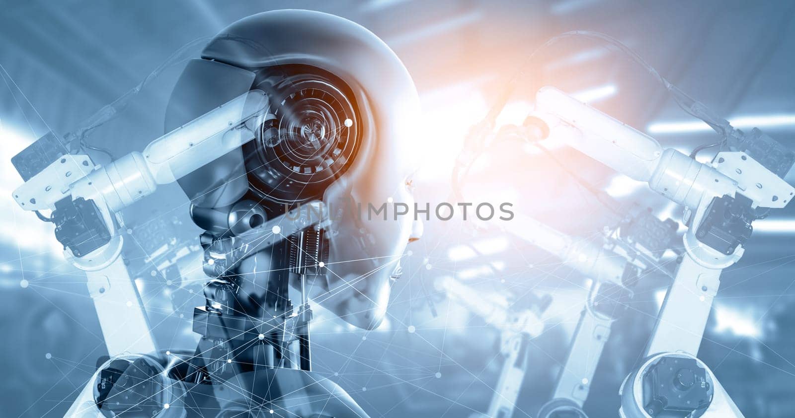 XAI Mechanized industry robot and robotic arms double exposure image. Concept of artificial intelligence for industrial revolution and automation manufacturing process in future factory.