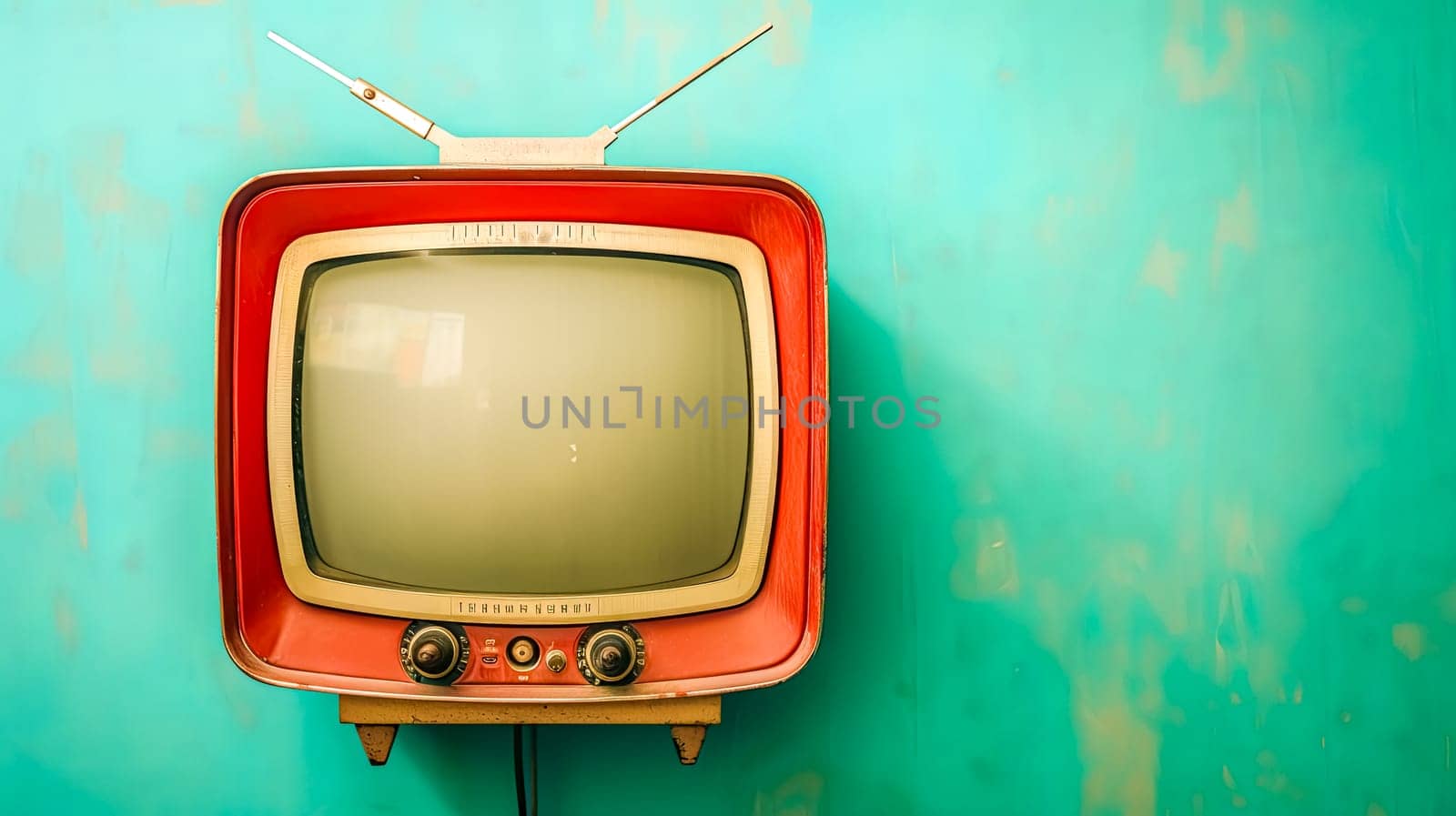 Vintage Red Television on Teal Background, copy space
